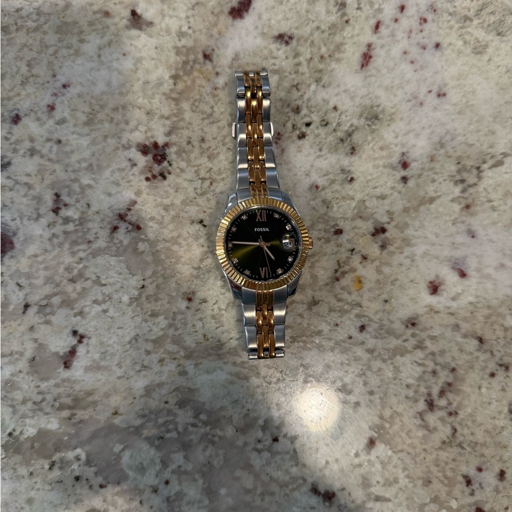 Fossil Two-Tone Gold and Silver Bracelet Watch with Black Dial